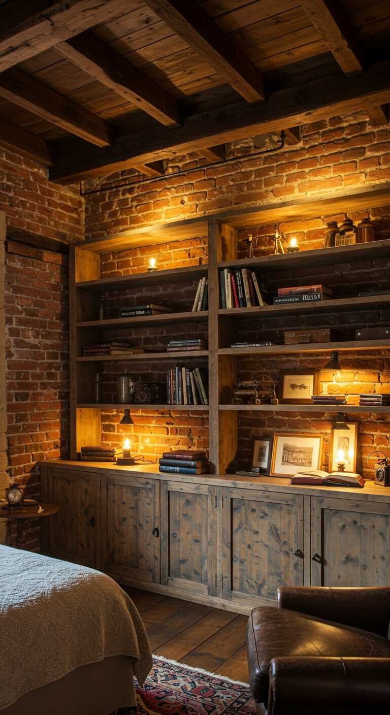 Rustic bedroom with artisan crafted wooden shelving, books, and decor.