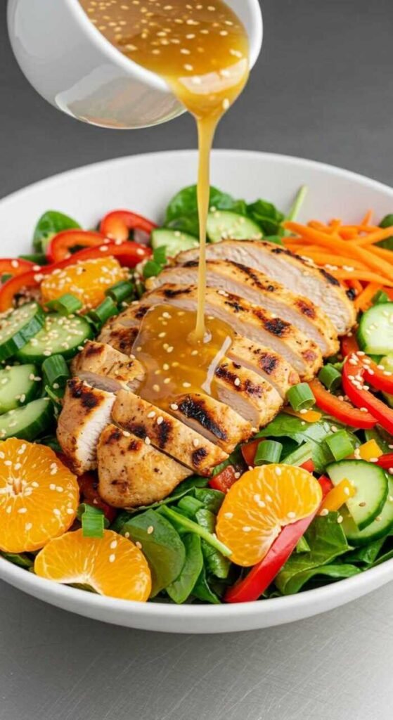 Bowl of Asian-Inspired Grilled Chicken Salad with mixed greens, sliced grilled chicken, and colorful vegetables.