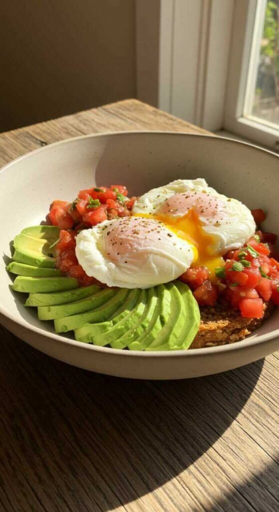 A vibrant breakfast bowl with avocado, salsa, and poached eggs on a wooden table.