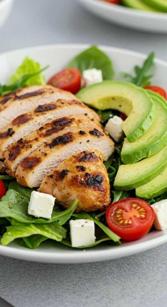 A delicious avocado chicken salad with grilled chicken, mixed greens, cherry tomatoes, and feta cheese.