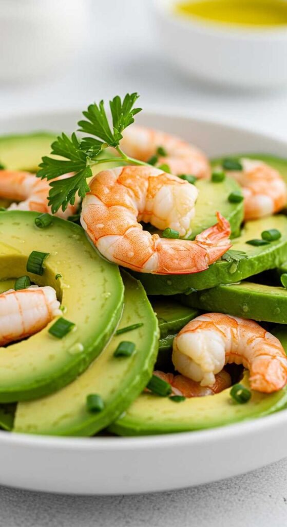 Avocado and shrimp salad garnished with spring onions