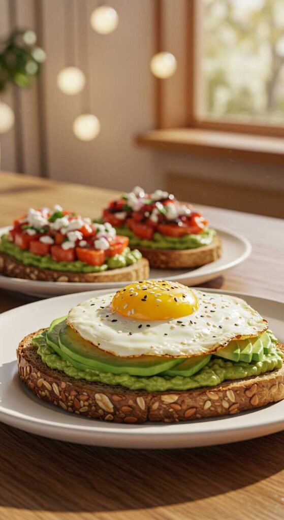 Various colorful avocado toast toppings on toasted slices of bread.