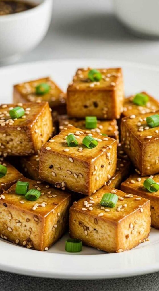 Baked tofu cubes topped with sesame glaze and green onions on a plate.
