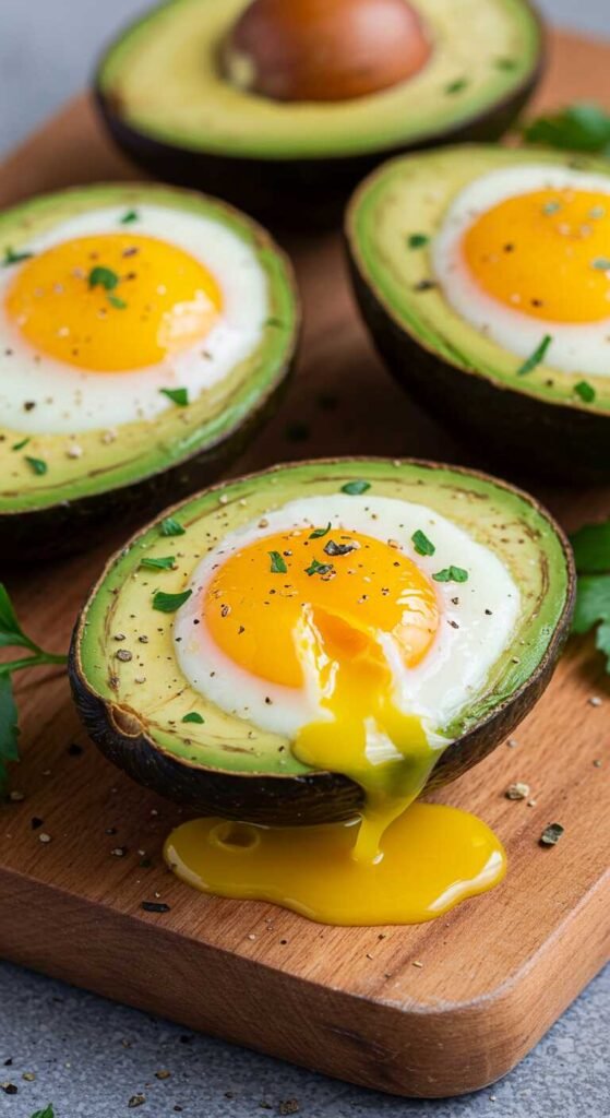 Baked eggs in avocado halves on a wooden board, garnished with herbs and pepper. One egg yolk is runny, creating an appetizing, rustic feel.