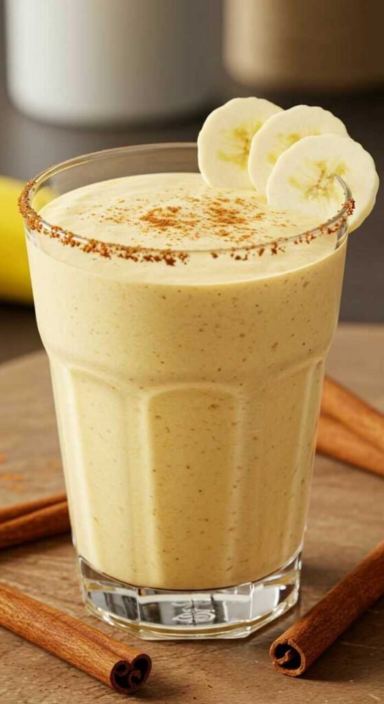 A creamy banana smoothie in a glass, topped with cinnamon and banana slices. Cinnamon sticks are nearby, creating a warm, inviting feel.
