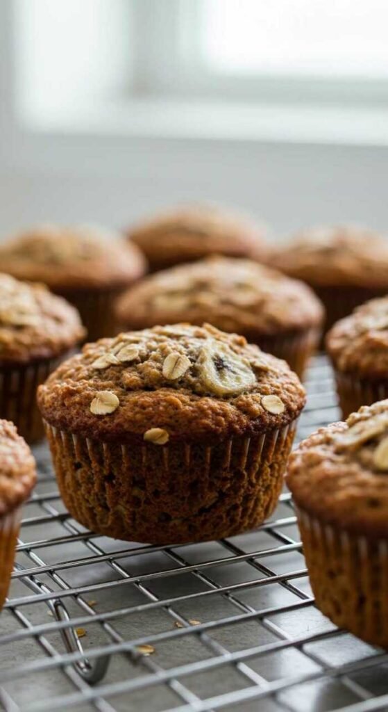 Vegan banana oatmeal muffins cooling on a wire rack