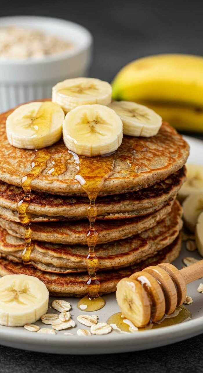 A stack of banana oatmeal pancakes topped with banana slices and drizzled with syrup. Oats and a honey dipper are on the plate, with a banana in the background.