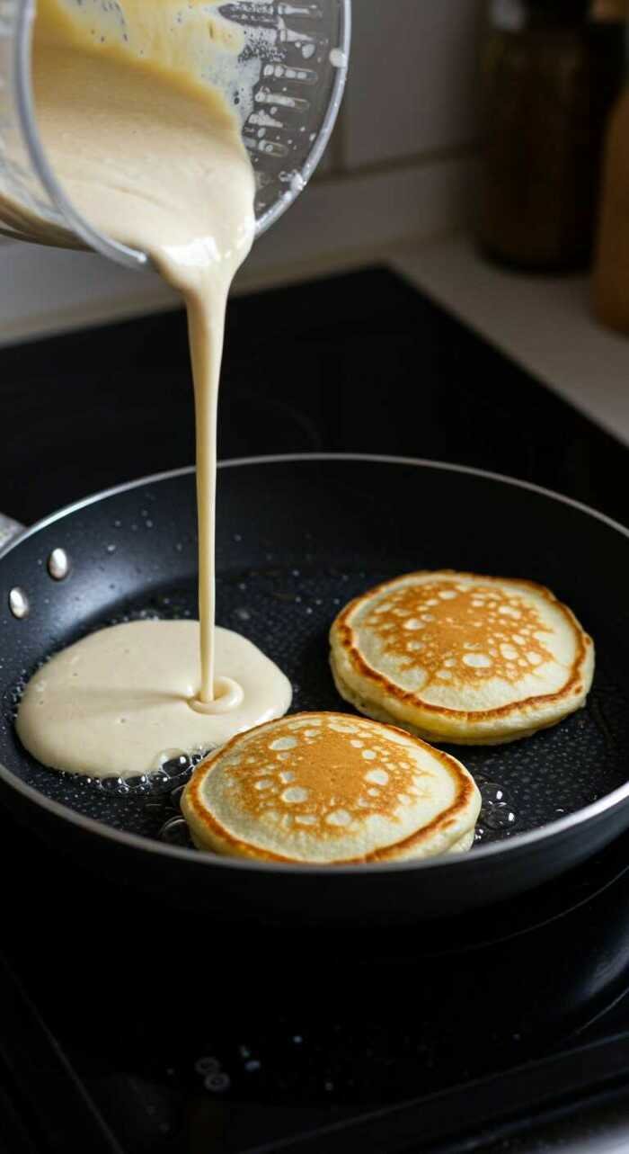 Batter is being poured into a black frying pan on a stove, forming a third pancake beside two golden, cooked pancakes. Warm, inviting kitchen scene.