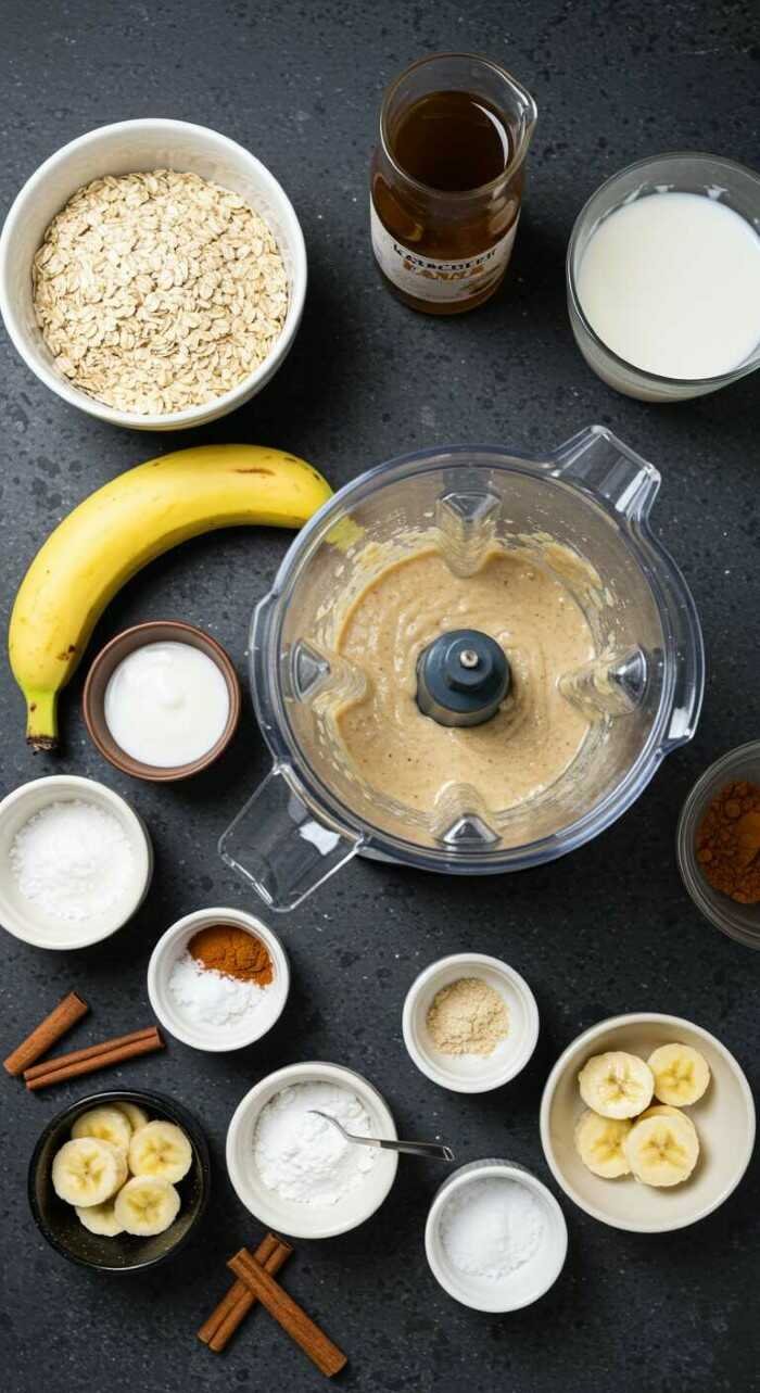 A blender with banana oat batter surrounded by ingredients: oats, banana, honey, milk, cinnamon, baking powder, and sliced bananas on a dark countertop.