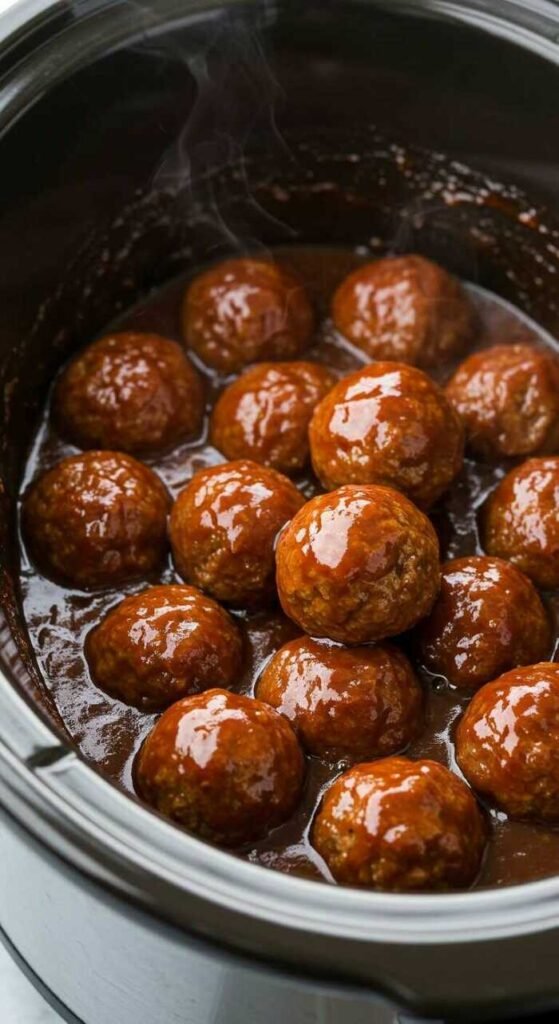 Crockpot with barbecue beef meatballs in sauce