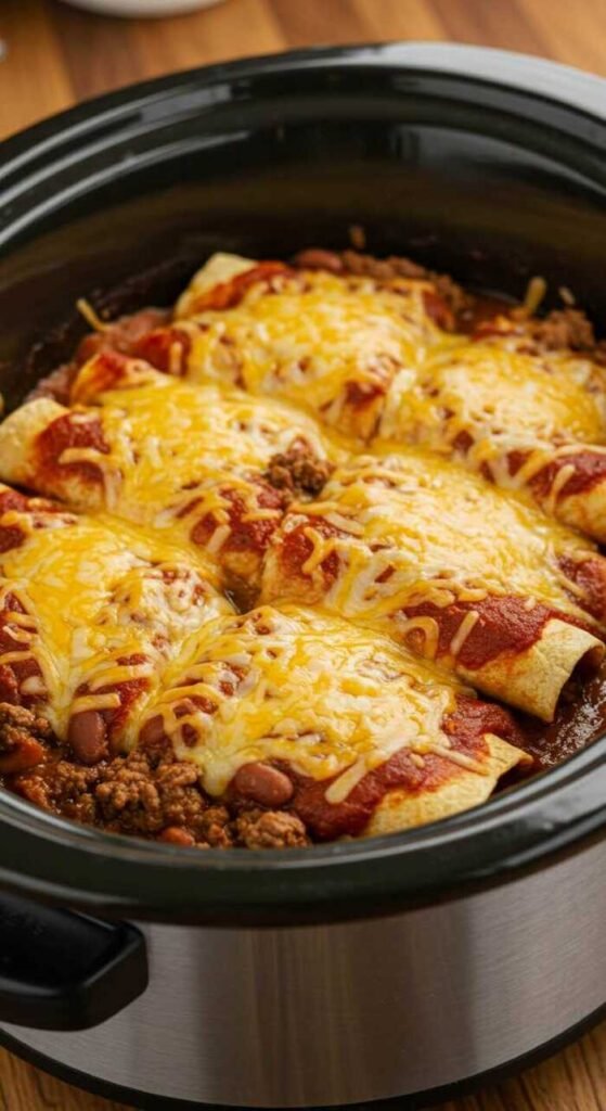 Delicious beef and bean enchiladas in a slow cooker.