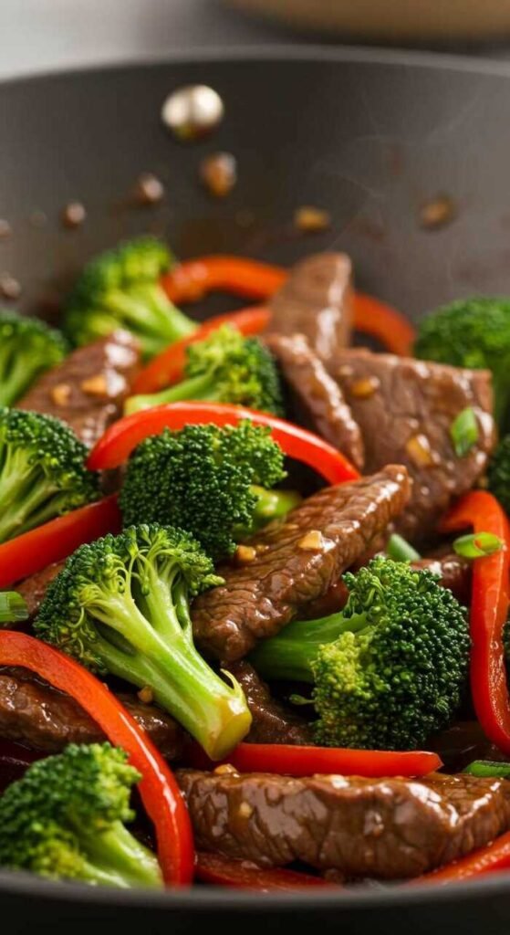 A vibrant beef and broccoli stir-fry featuring tender beef cubes, fresh broccoli, and colorful red peppers, all in a savory sauce.