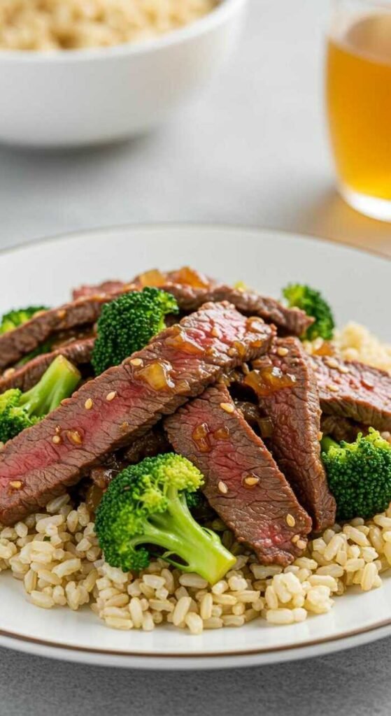 A delicious plate of beef and broccoli served over brown rice, showcasing a healthy high protein dinner.