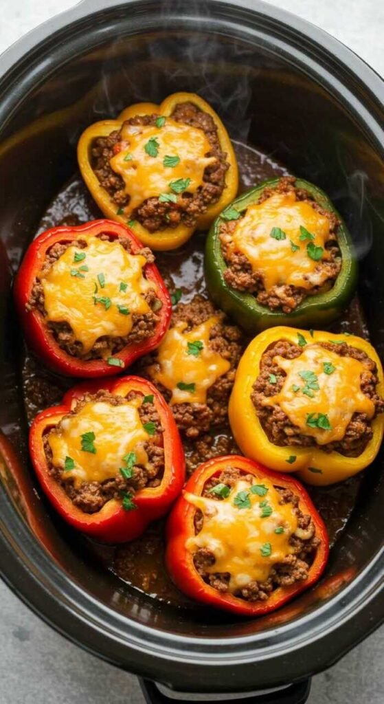 Colorful beef and cheese stuffed peppers in a slow cooker.