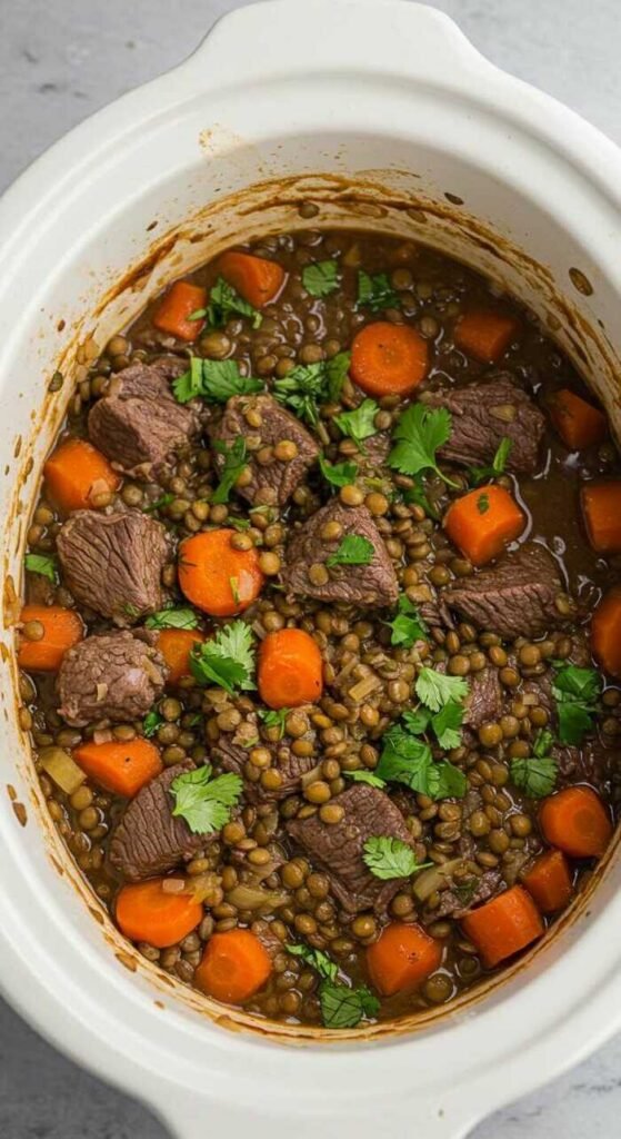 A hearty beef and lentil stew with carrots and herbs in a crockpot.
