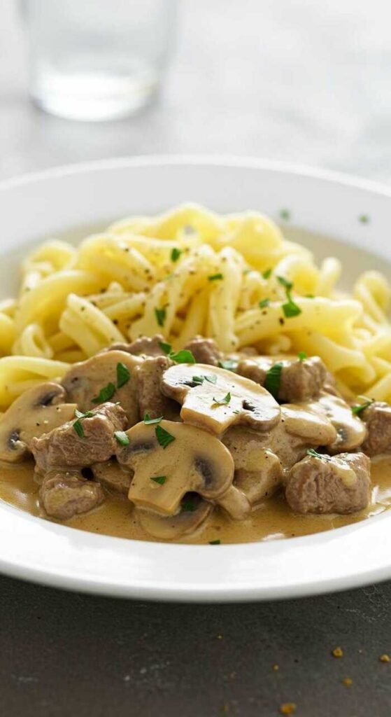 A delicious bowl of beef and mushroom stroganoff with pasta.