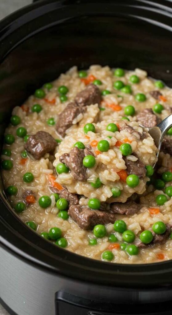 Creamy beef and pea risotto in a slow cooker
