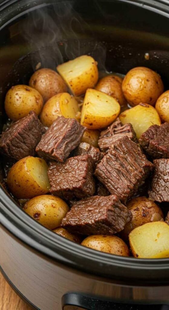A hearty beef and potato hash in a crockpot, showcasing tender beef and golden potatoes.