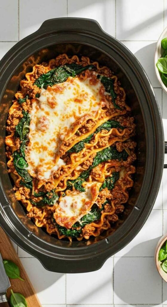 beef and spinach lasagne in a crockpot