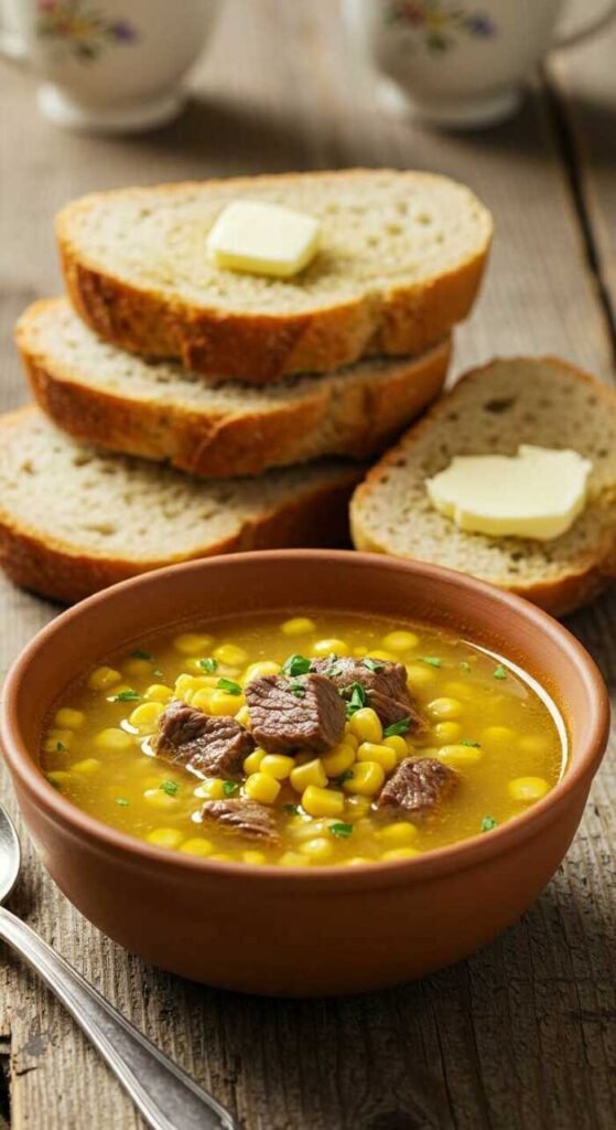 A bowl of beef and sweet corn soup with slices of bread on the side.