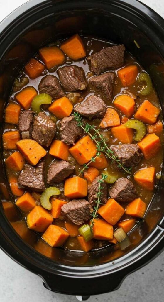 A hearty beef and sweet potato stew in a black slow cooker.
