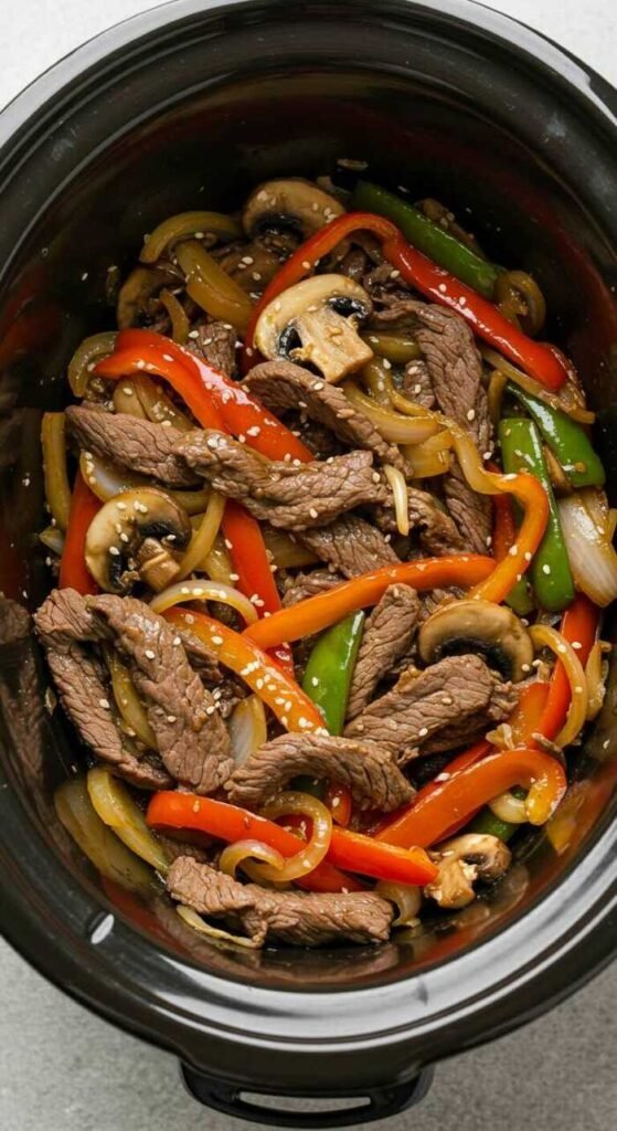 A delicious crockpot beef and vegetable stir-fry
