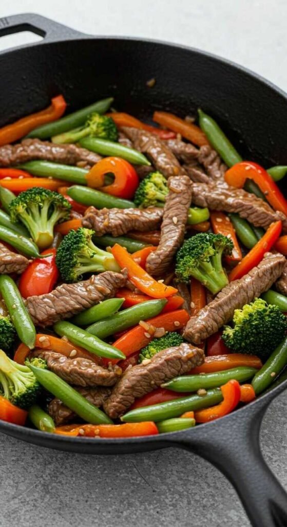 Beef and vegetable stir-fry in a skillet