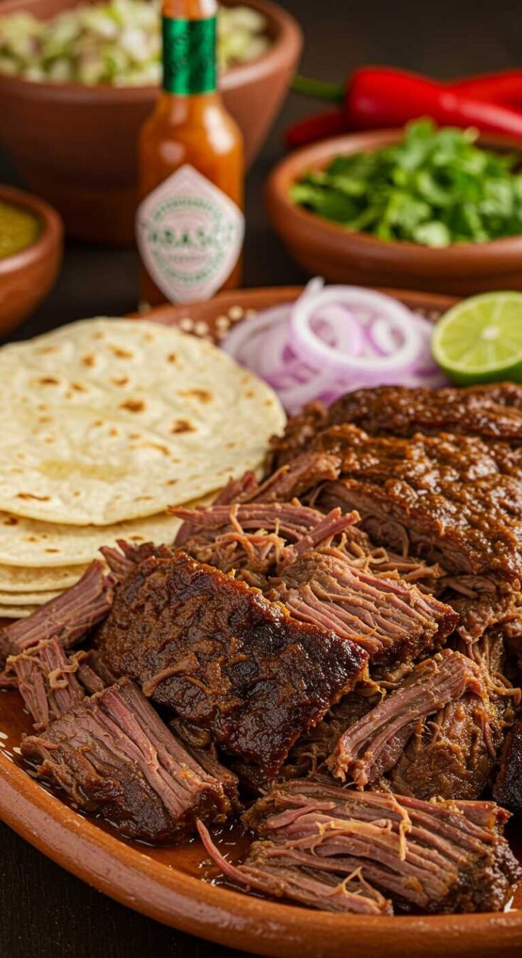 A rustic plate displays tender, shredded beef barbacoa with corn tortillas, sliced red onions, and lime. Background includes hot sauce and fresh cilantro.