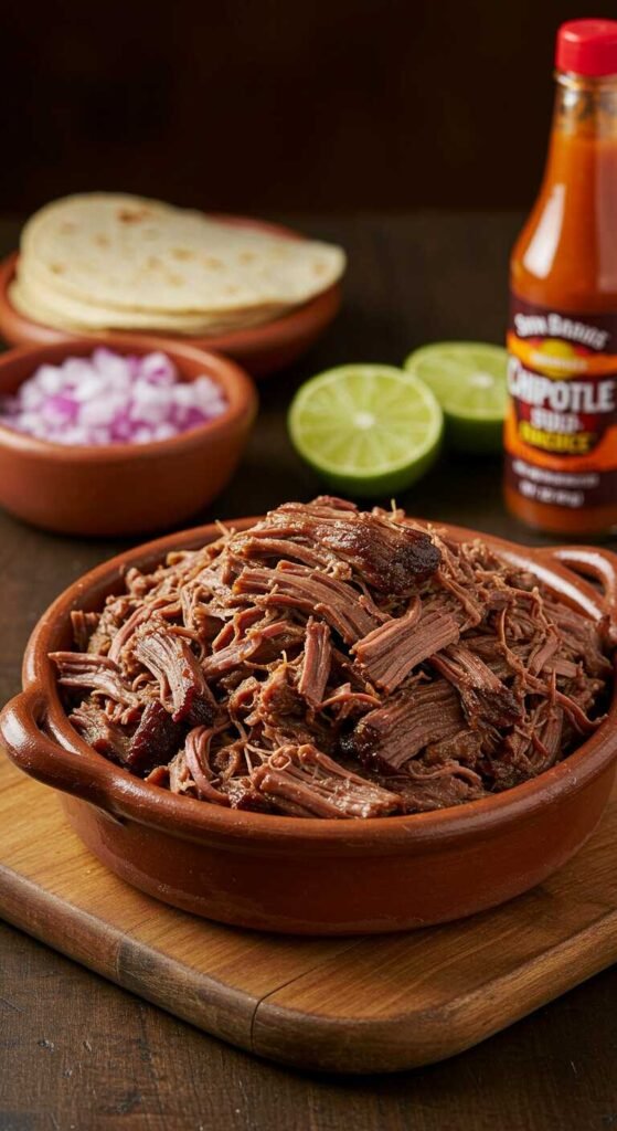 A rustic clay bowl filled with shredded barbacoa beef on a wooden board. Surrounding items include tortillas, chopped onions, lime halves, and a chipotle sauce bottle.