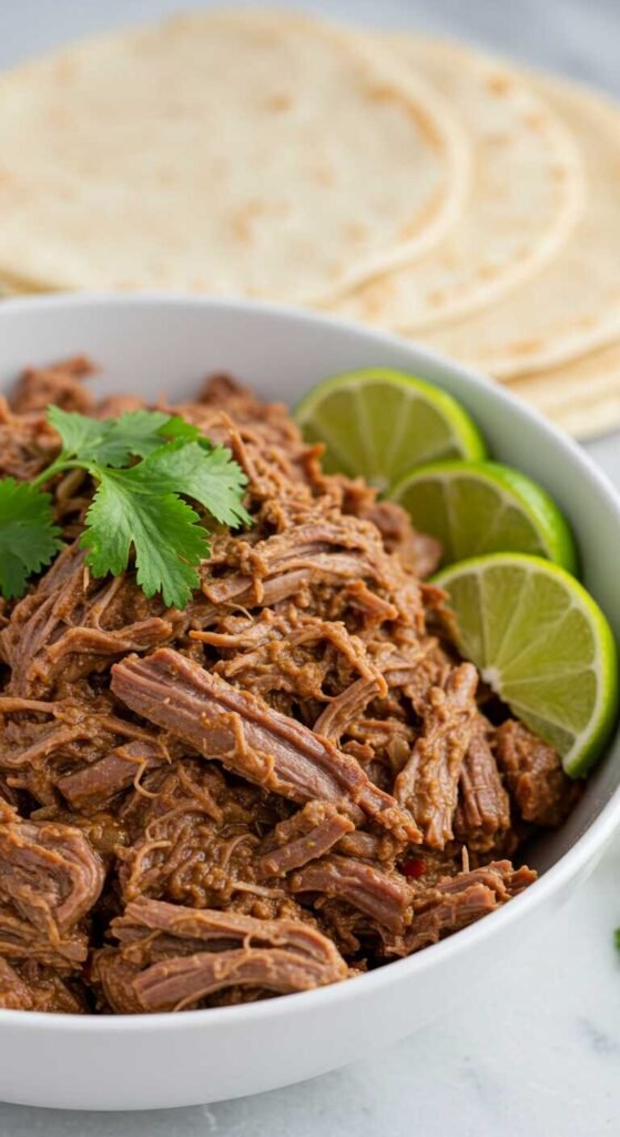 Shredded barbacoa beef in a white bowl garnished with cilantro and lime wedges. Soft tortillas are stacked in the background, suggesting a taco meal.