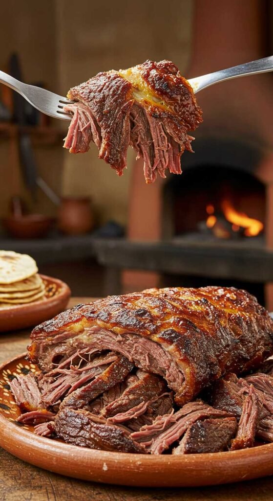 Juicy, tender roasted beef barbacoa meat served on a clay plate with a fork lifting a piece. A cozy, rustic ambiance with a warm fireplace in the background.