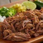 Shredded barbacoa beef on a wooden board, surrounded by chopped onions, sliced jalapeños, lime halves, and a tortilla, conveying a fresh, spicy, and savory vibe.