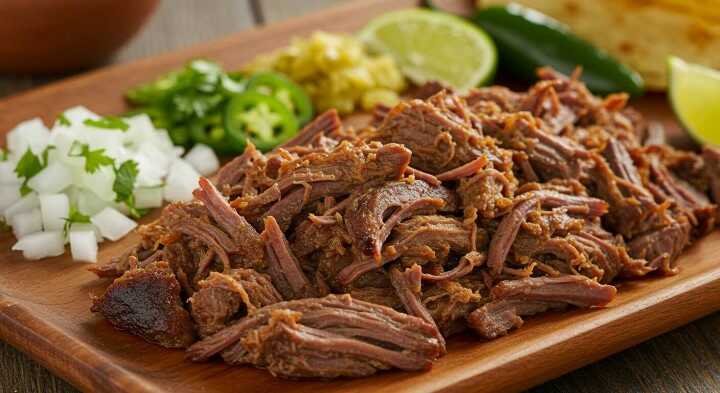 Shredded barbacoa beef on a wooden board, surrounded by chopped onions, sliced jalapeños, lime halves, and a tortilla, conveying a fresh, spicy, and savory vibe.