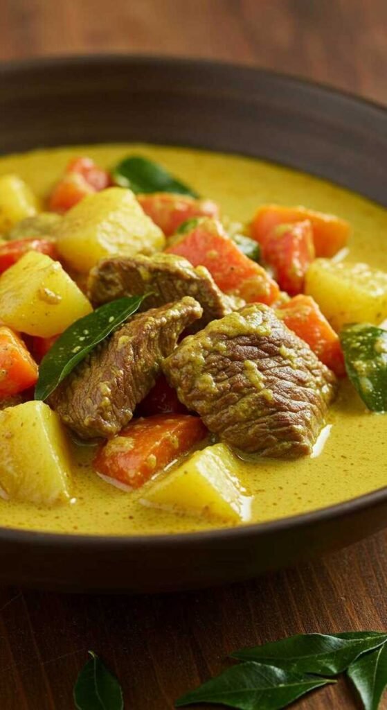 A delicious bowl of beef curry with coconut milk and vegetables.