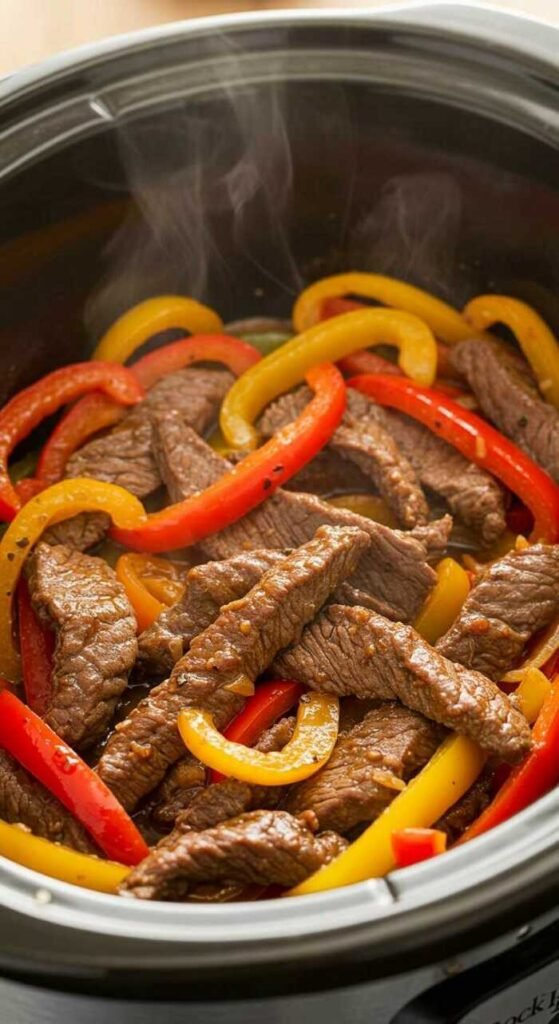 Crockpot beef fajitas with colorful peppers.