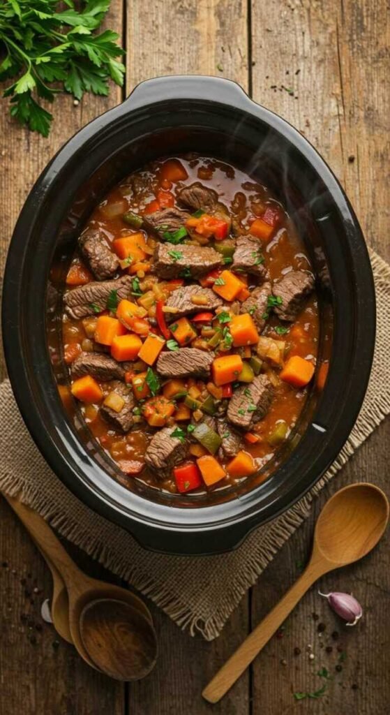 A hearty beef goulash with vegetables in a crockpot.
