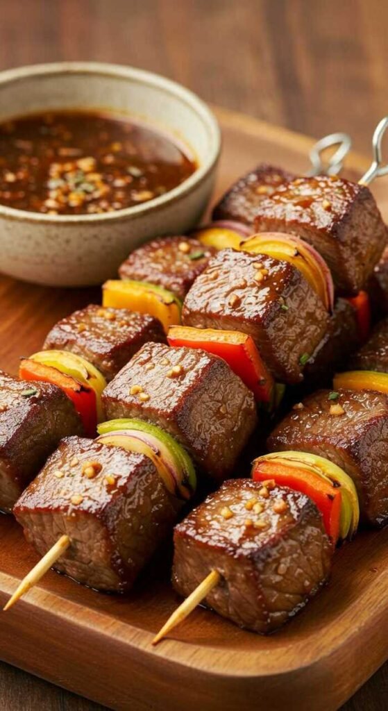 Delicious beef kebab skewers served with dipping sauce