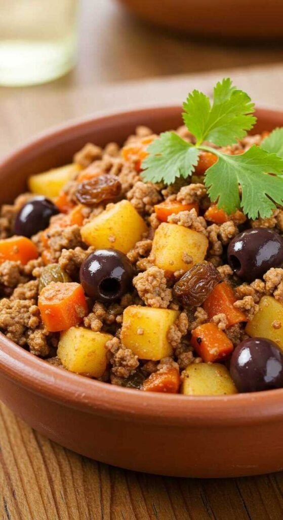 A bowl of beef picadillo with raisins and olives, garnished with cilantro.