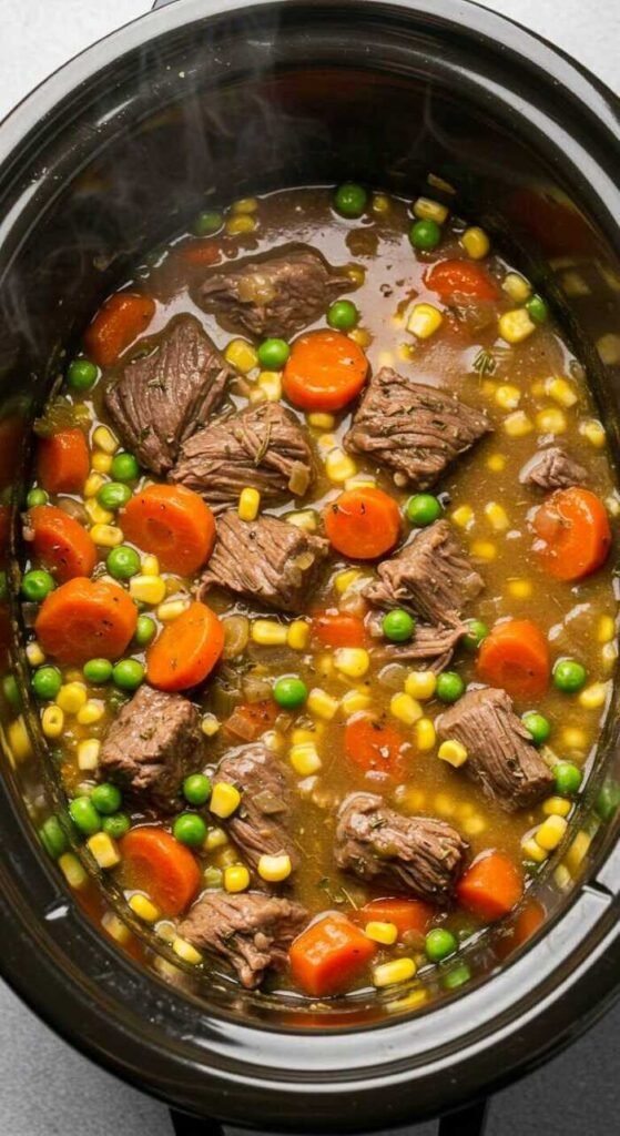 A delicious beef pot pie filling made in a slow cooker with tender beef and colorful vegetables.