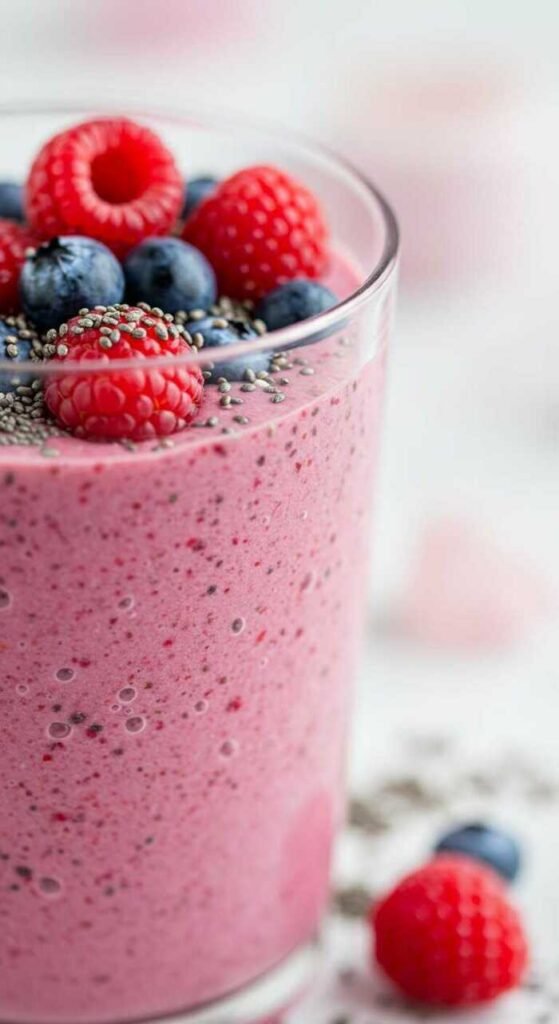 Berry Bliss Protein Smoothie with fresh berries and chia seeds.