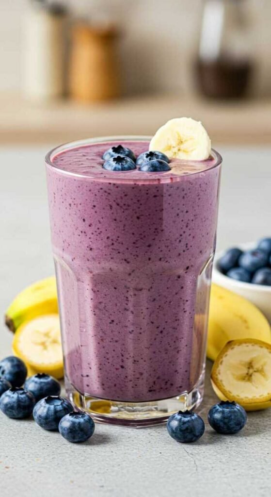 A vibrant purple smoothie in a glass garnished with banana slices and blueberries. Surrounding the glass are fresh blueberries and whole bananas.