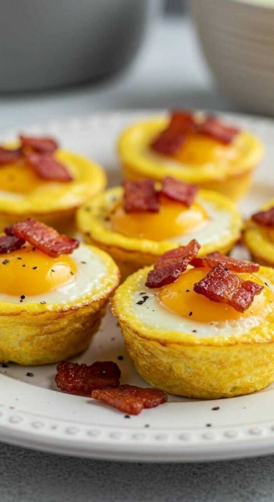 Delicious breakfast egg cups topped with crispy bacon, served on a plate.
