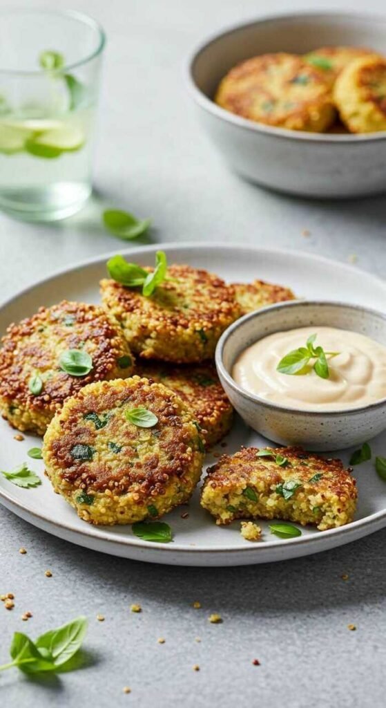 A plate of golden-brown quinoa fritters with a dipping sauce on the side, garnished with fresh herbs.