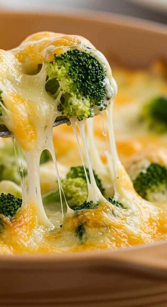 A close-up of a cheesy broccoli casserole with golden melted cheese and fresh broccoli florets.