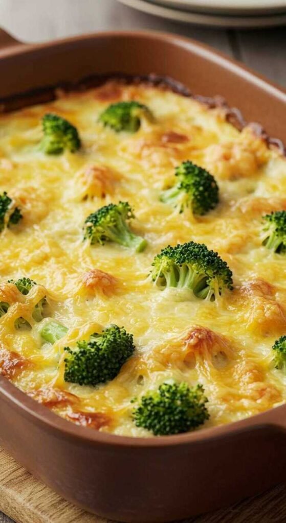 A delicious broccoli and cheese casserole with golden melted cheese and fresh broccoli on top.