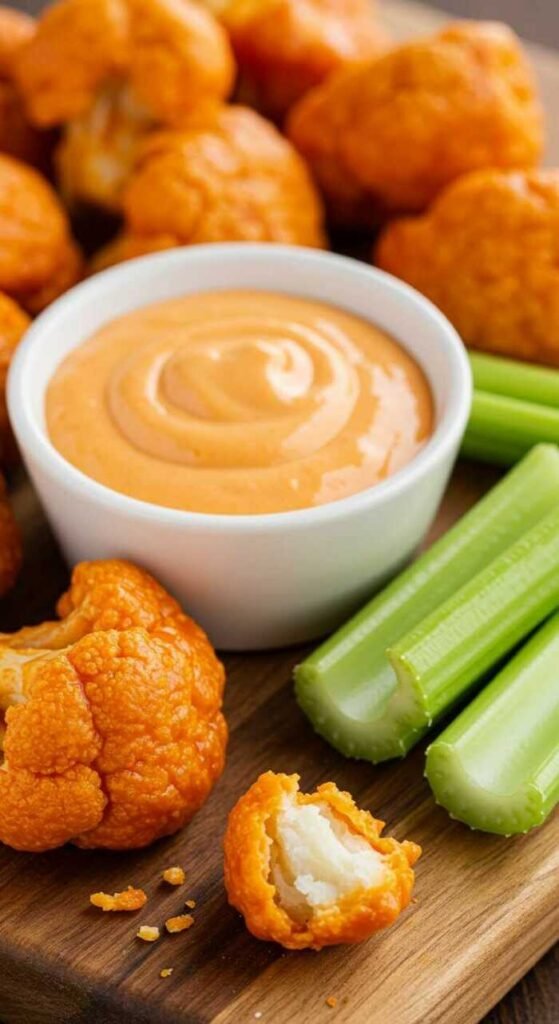 Buffalo cauliflower bites served with celery sticks and dipping sauce