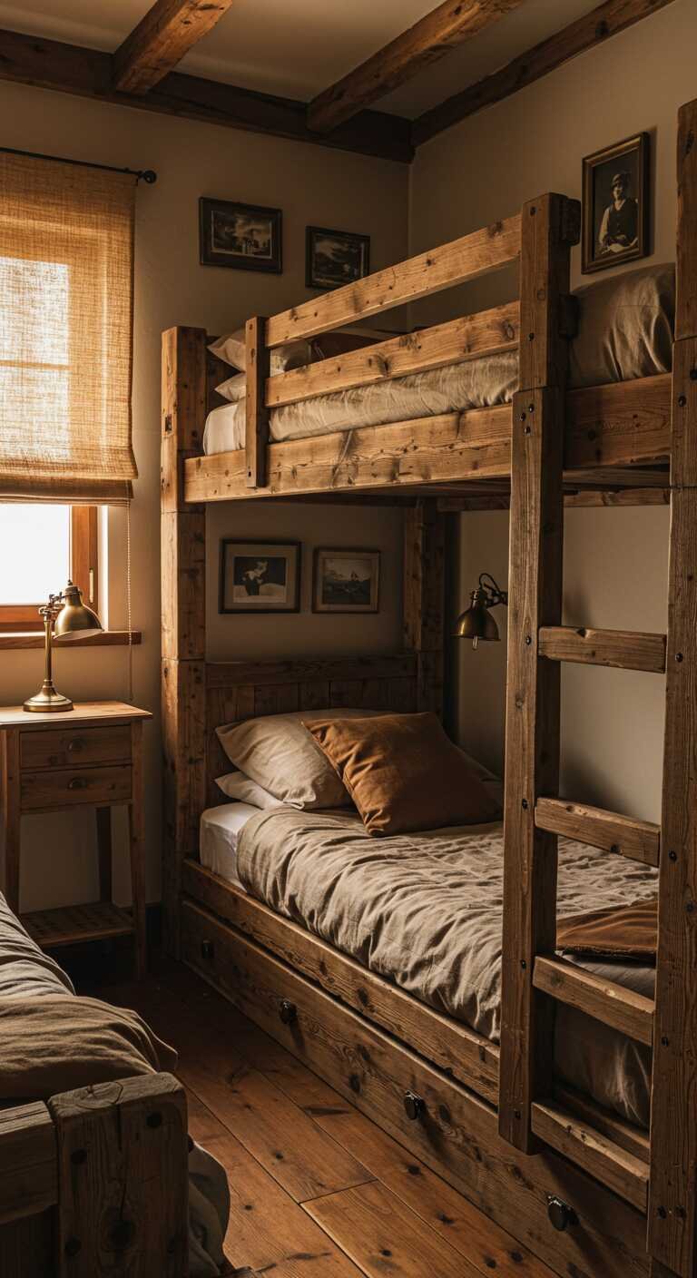 Cozy rustic bedroom with wooden bunk beds and soft bedding