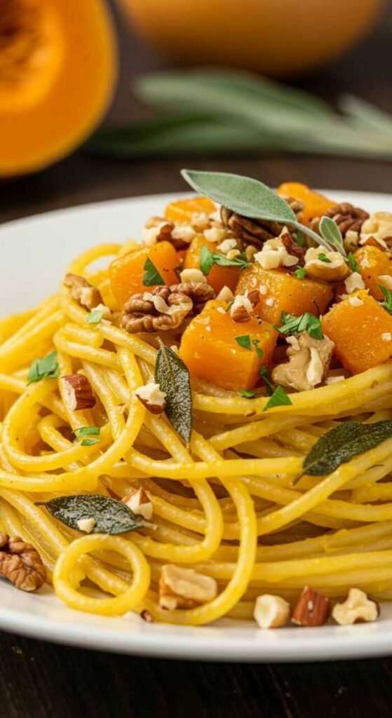 A plate of butternut squash and sage pasta garnished with nuts and herbs.