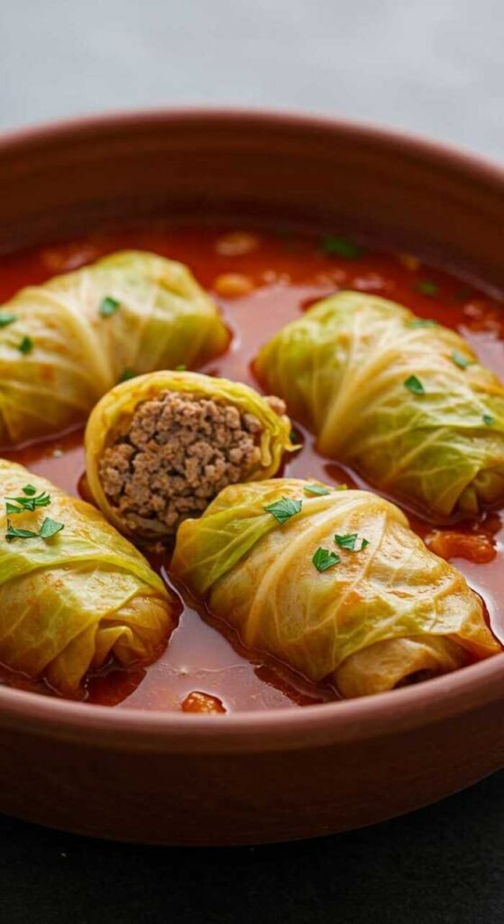 A bowl of hearty cabbage roll soup with ground beef, cabbage, and a rich tomato broth.