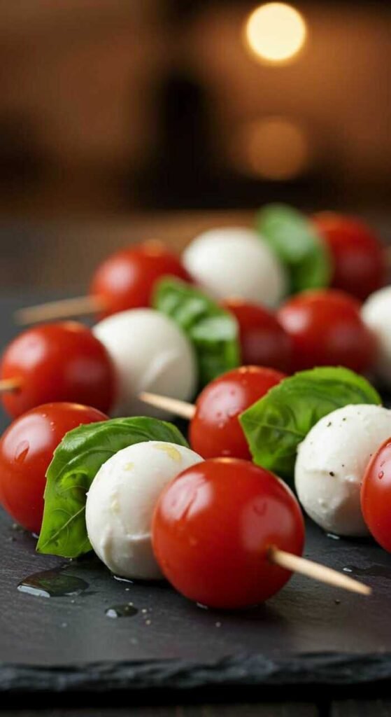 Caprese salad skewers with cherry tomatoes, mozzarella, and basil